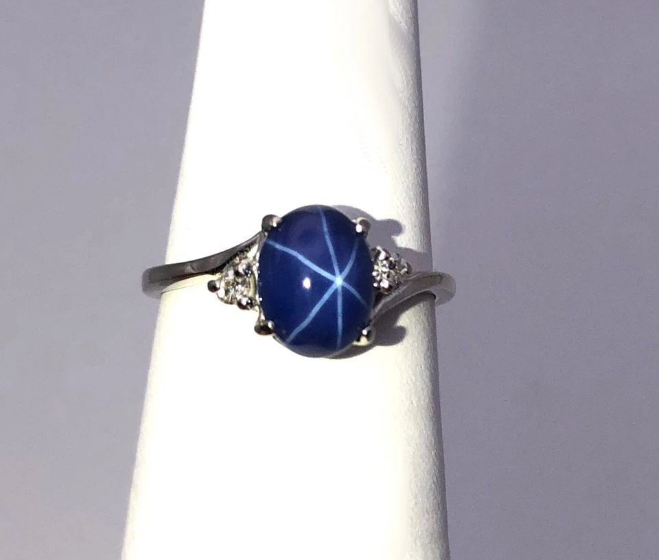 10K WHITE GOLD RING, LAB-CREATED STAR SAPPHIRE, DIAMONDS (SIZE 4.75) (1 of 2)