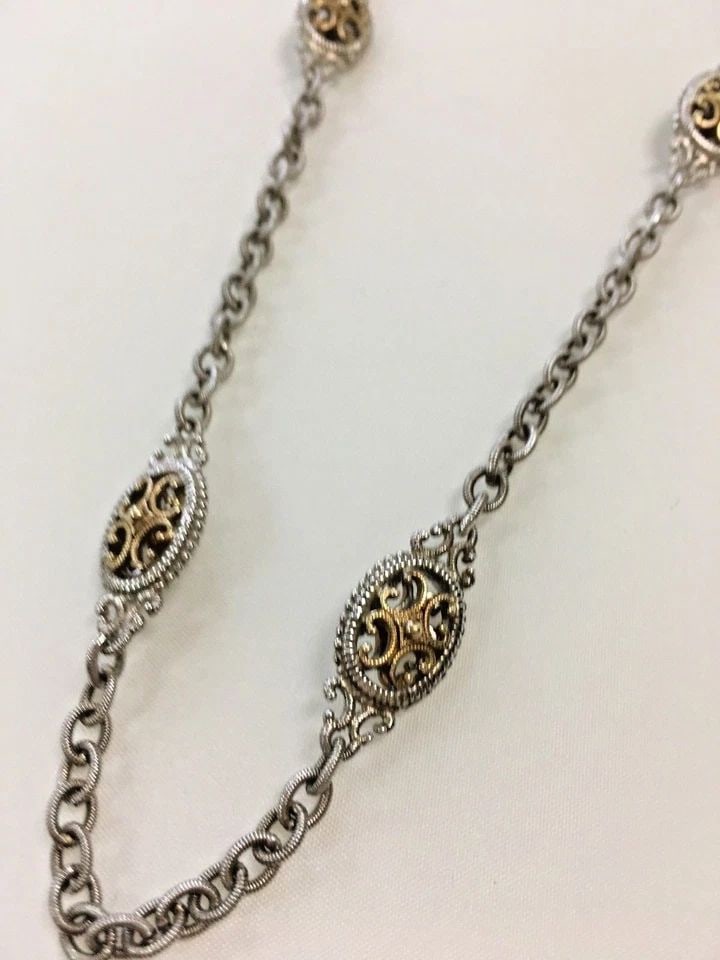 GABRIEL & CO. STERLING SILVER NECKLACE WITH 18K GOLD ACCENTS ( 20 INCH ) 21.3G: GABRIEL AND CO. NECKLACE 18K/925 Gabriel and Co. Necklace 18k/925 You are bidding on a pre-owned Gabriel and Co. Necklace 18k/925. There are few minor scratches on the necklace from normal wear and te