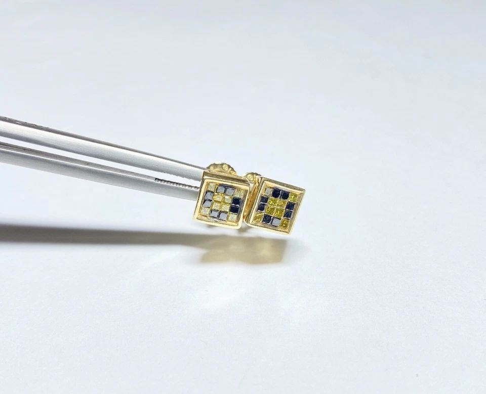 14K GOLD SQUARE EARRINGS WITH 0.50CTW BLACK & YELLOW DIAMONDS 2.2 GRAMS (1 of 2)