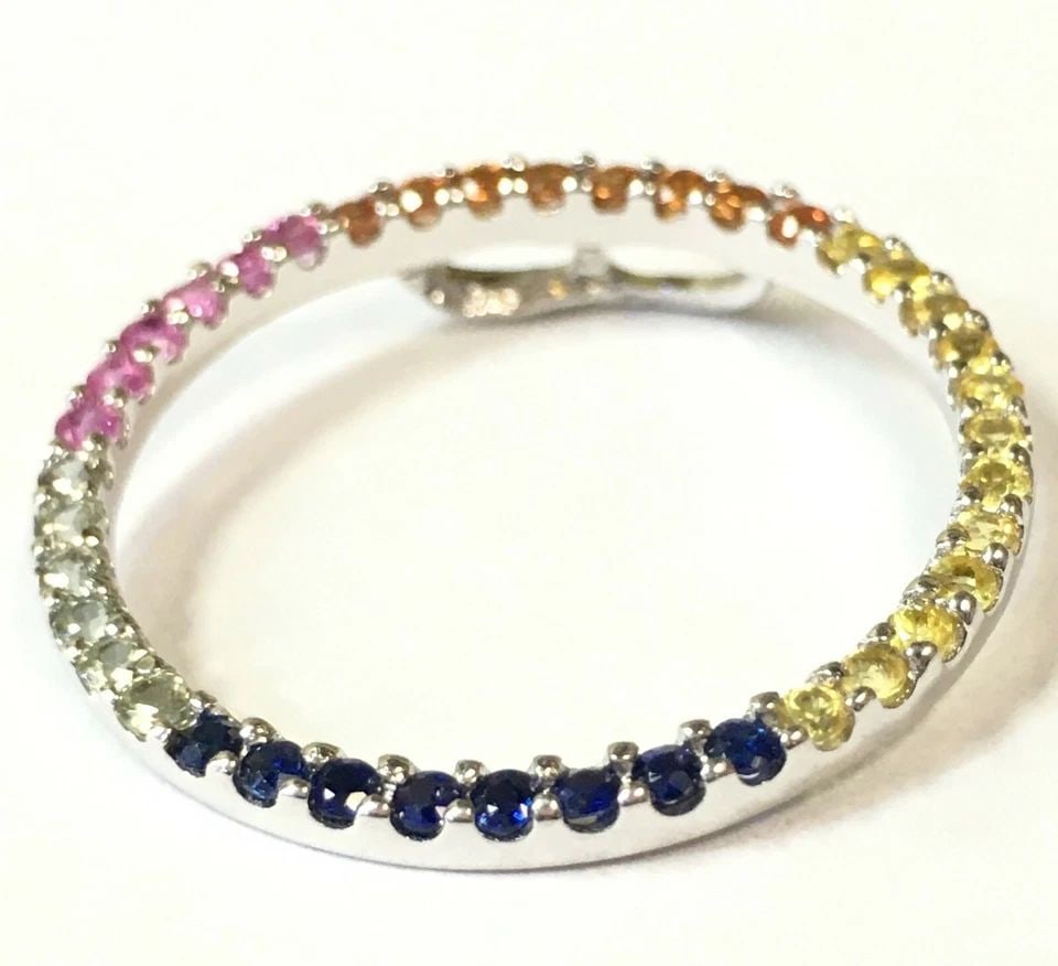 14K WHITE GOLD ROUND HOOP STYLE PENDANT WITH MULTI COLORED SAPPHIRES 2.4G (1 of 2)