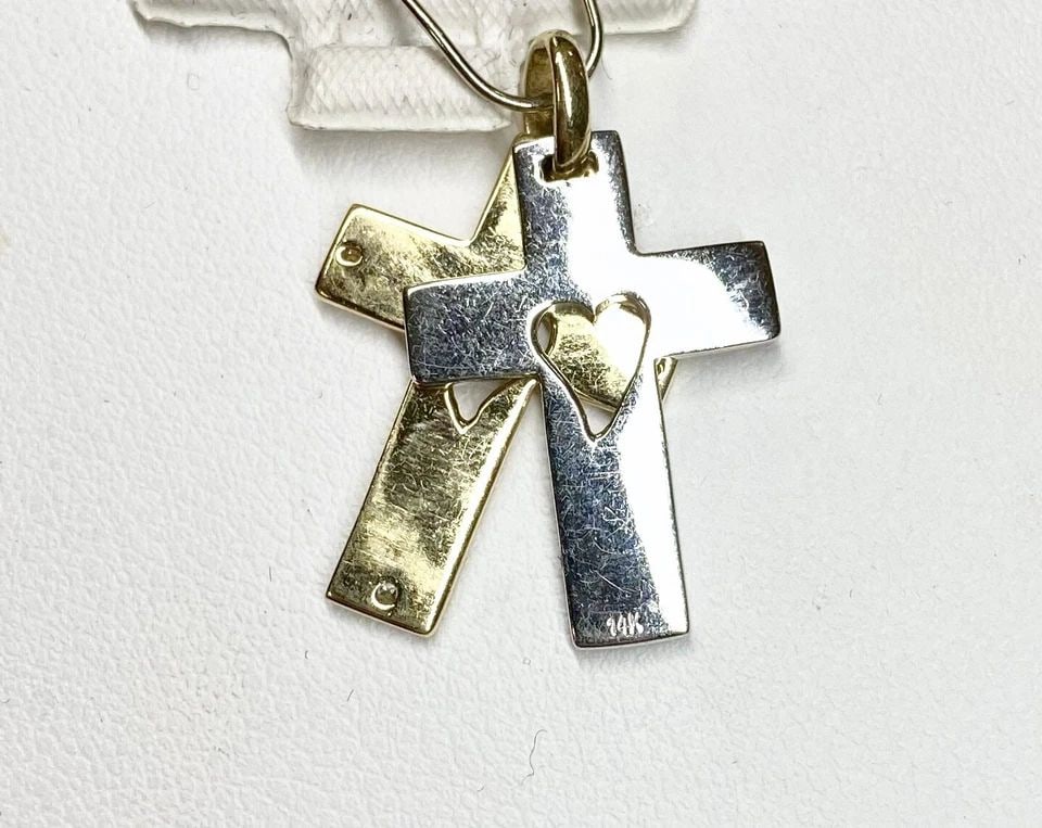 14K WHITE/YELLOW GOLD DOUBLE CROSS PENDANT WITH HEART CUT OUT AND DIAMONDS 3G (1 of 2)