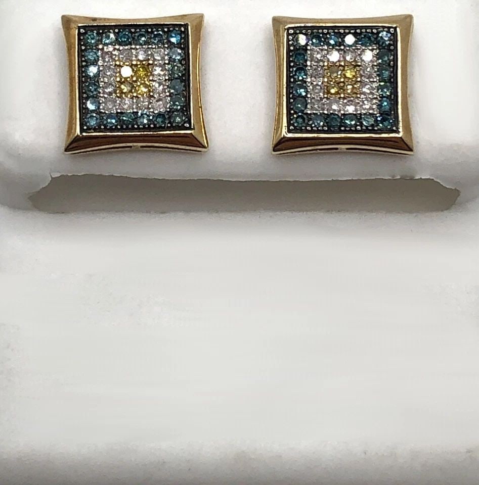 10K GOLD SQUARE EARRINGS SET WITH 0.45CTW WHITE, BLUE, YELLOW DIAMONDS 2.2 GRAM: 10K GOLD SQUARE EARRINGS SET WITH 0.45CT OF WHITE, BLUE, YELLOW DIAMONDS 10k Gold Square Earrings set with 0.45ct of White, Blue, Yellow Diamonds You are bidding on a 10k Gold Square Earrings set with