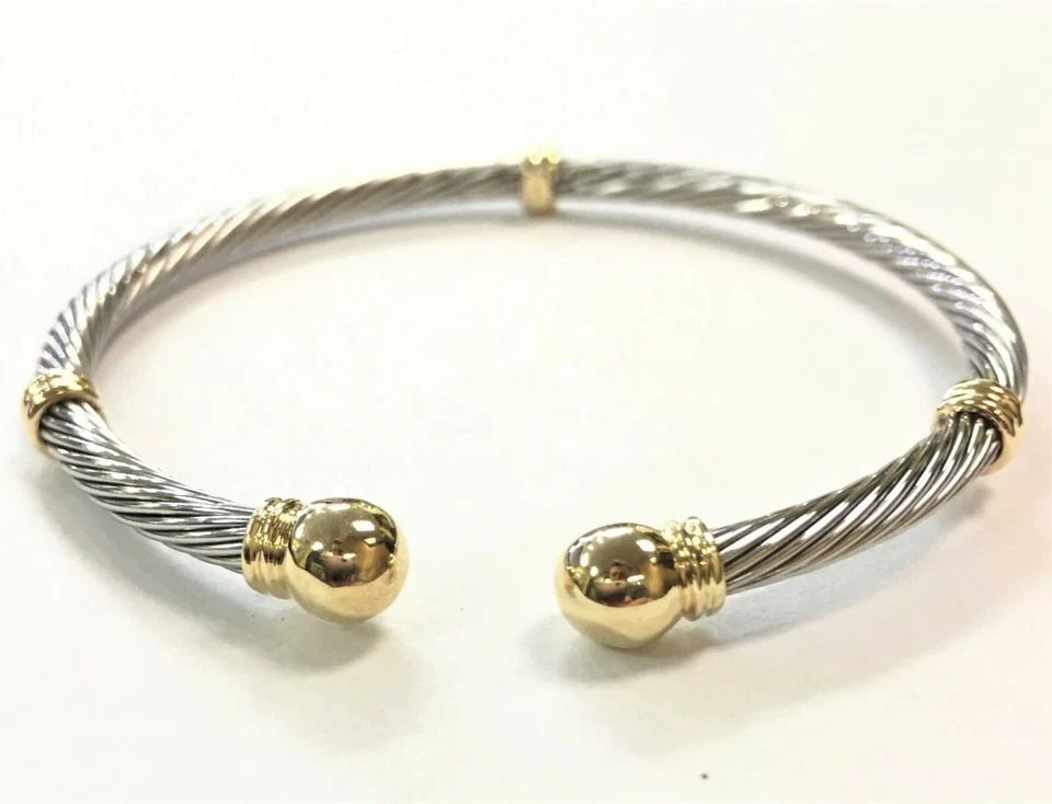 18K YELLOW GOLD AND STAINLESS STEEL BANGLE (6.5 INCH) 10.3 GRAMS (1 of 2)