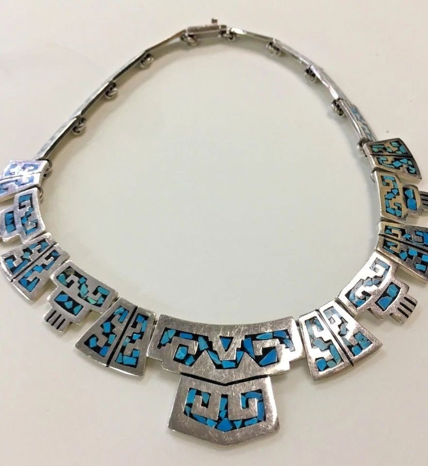 STERLING SILVER NECKLACE WITH INLAYED TURQUOISE ( 17 INCH ) 101.7G (1 of 2)