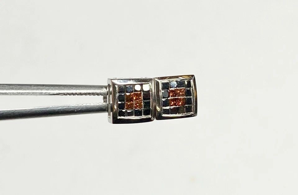 14K WHITE GOLD SQUARE EARRINGS WITH 0.66CTS OF BLACK & ORANGE DIAMONDS 2.1G (1 of 2)