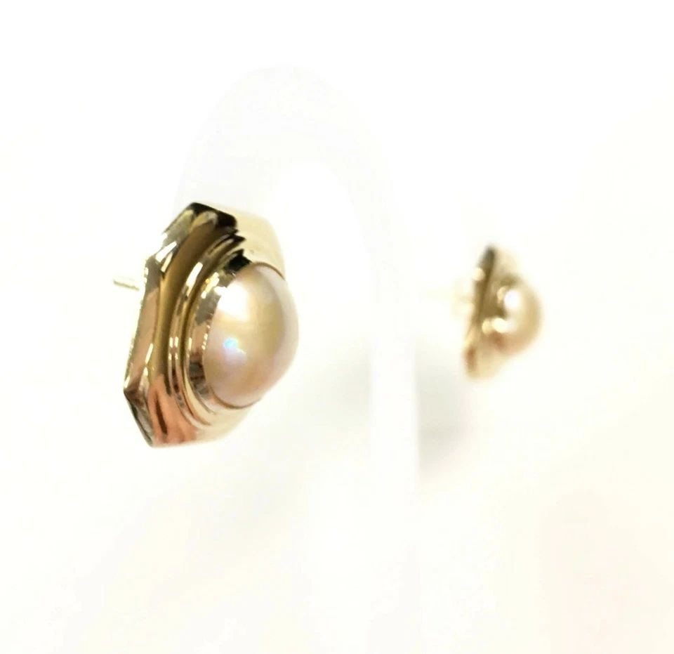 14K YELLOW GOLD EARRINGS SQUARE SHAPE WITH 10MM MABE PEARLS 2.8 GRAMS (1 of 2)