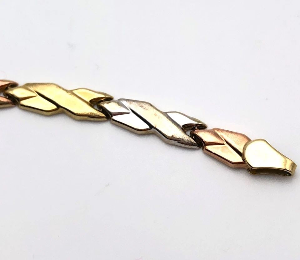 10K TRI-TONE ROSE/WHITE/YELLOW GOLD, CROSSED LINK BRACELET (7 INCH) 3.5 GRAM (1 of 2)
