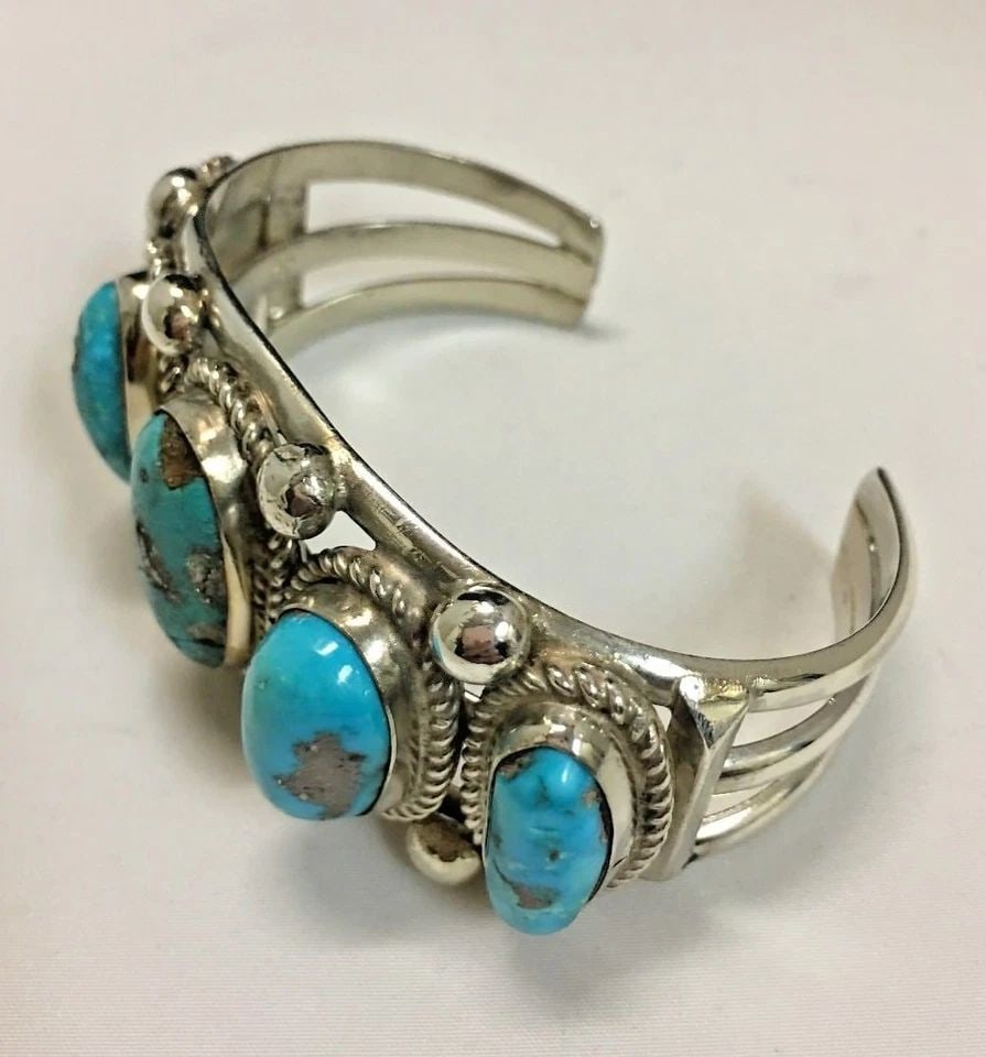 925 STERLING SILVER BANGLE, FIVE NATURAL TURQUOISE STONES (6 INCH) 65.2 GRAMS (1 of 2)