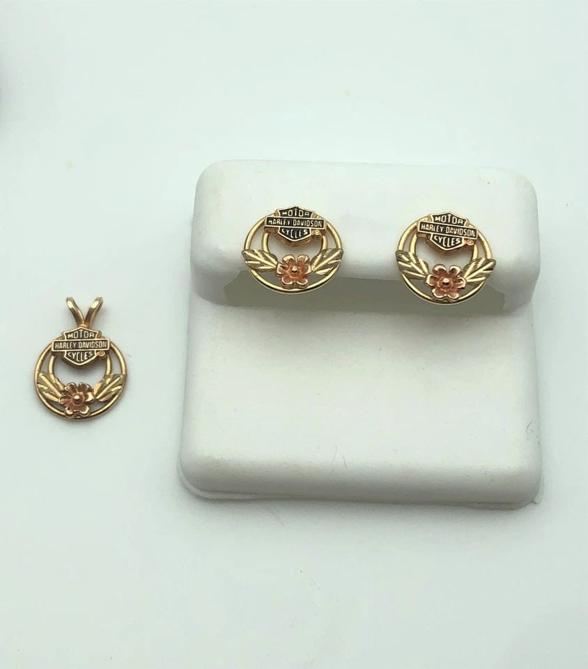 HARLEY DAVIDSON SET 10K BLACK HILLS GOLD EARRINGS AND PENDANT SET 2.2G (1 of 2)