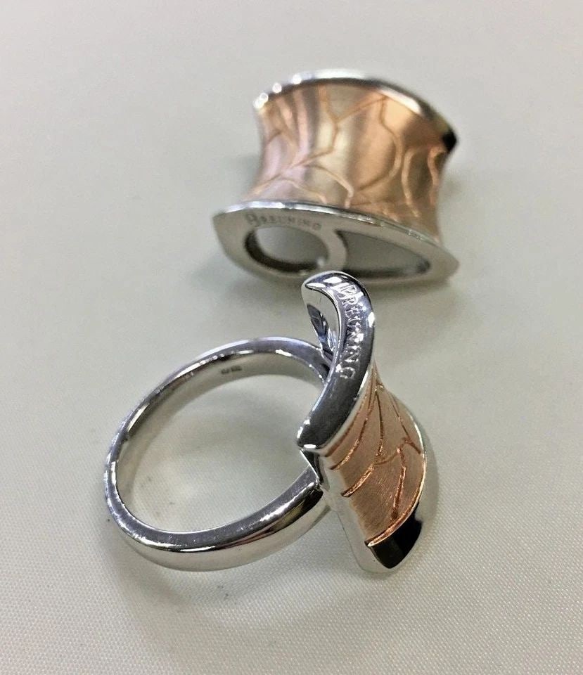 BREUNING SILVER & ROSE GOLD LAYER PENDANT AND RING SET (SIZE 7) 23.5 GRAMS: BREUNING SILVER RING AND PENDANT SET, ROSE GOLD ACCENT, RING SIZE 7 Breuning Silver Ring and Pendant Set, Rose Gold Accent, ring size 7 You are bidding on a pre-owned Breuning Silver Ring and Pendant 
