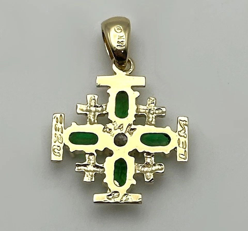 14K YELLOW GOLD JERUSALEM CROSS PENDANT, GREEN AND WHITE CUBIC ZIRCONIA 2.5G (1 of 2)