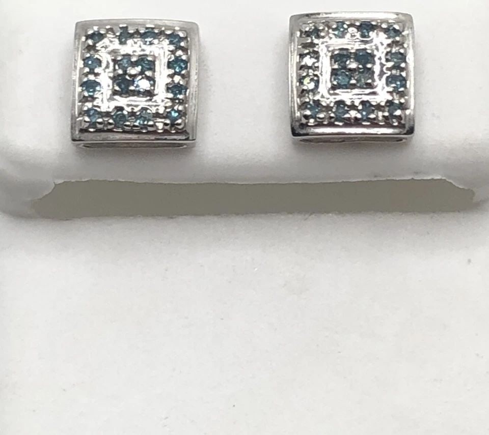 10K WHITE GOLD SQUARE EARRINGS SET WITH 0.30CT OF BLUE COATED DIAMONDS 2.3G (1 of 2)