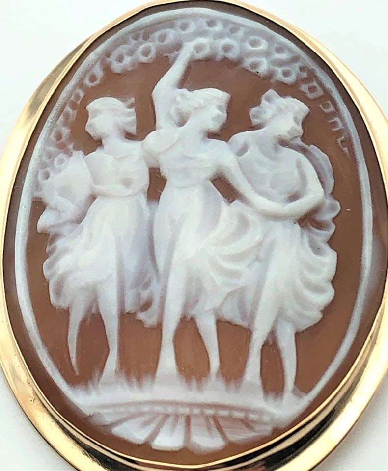 HAND CARVED CAMEO SHELL THREE GRACES PEDANT / BROOCH 14K GOLD 5 GRAMS (1 of 2)