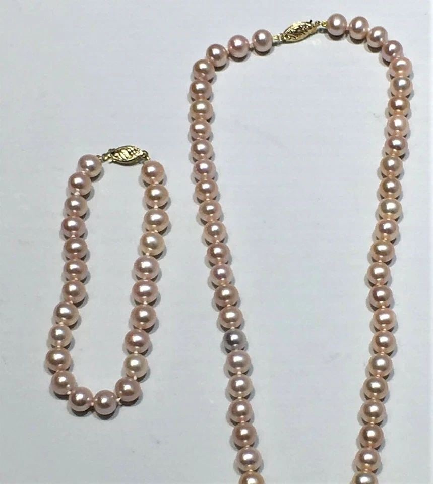 PINK PEARL NECKLACE & BRACELETS SET, WITH 14K CLASPS ( 18" ) ( 7.25" ) (1 of 2)