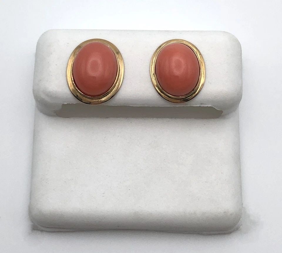 14K GOLD PUSH BACK EARRINGS, OVAL SHAPED PINK CORAL 10X8MM (2.3 GRAM): 14K GOLD PUSH BACK EARRINGS, SET WITH OVAL SHAPED PINK CORAL 10X8MM 14k Gold push back Earrings, set with oval shaped Pink Coral You are bidding on a 14k Gold push back Earrings, set with oval shaped 