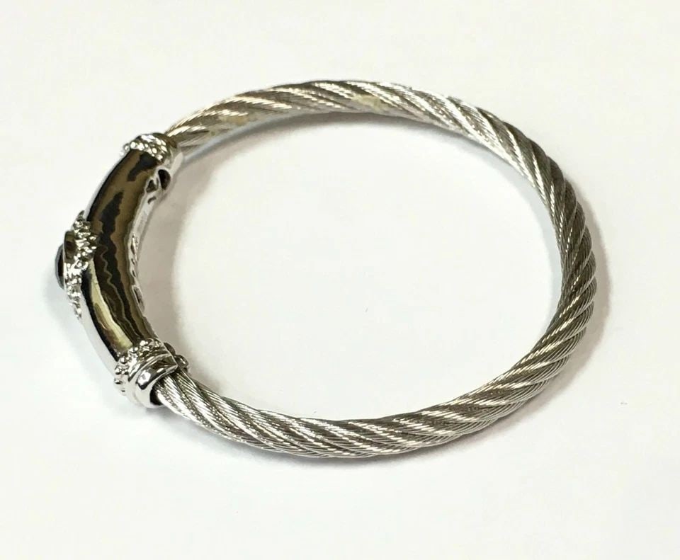 GABRIEL & CO BANGLE 925 STERLING SILVER, STEEL WIRE, WITH GARNET ( 6.5 INCH ) (1 of 2)