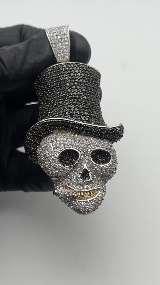 925 SILVER SKULL PENDANT TOP HAT & CIGAR, WHITE/BLACK CUBIC ZIRCONIA 58.2 GRAM (1 of 2)