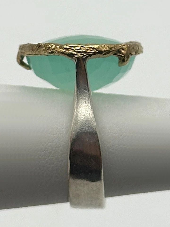925 SILVER RING, 14K GOLD BEZEL SETTING, 16MM CHRYSOPRASE (SIZE 5.25) 5.7 GRAM (1 of 2)