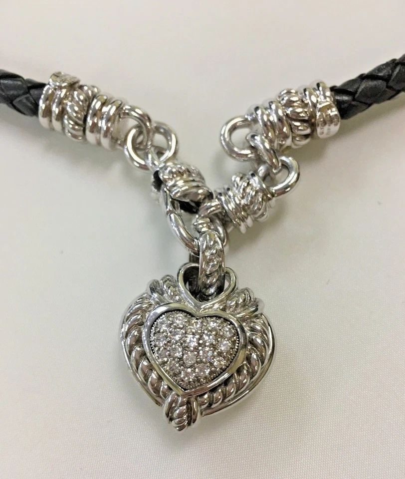JUDITH RIPKA MAGNETIC LEATHER NECKLACE STERLING HEART PENDANT ( 18 INCH ) (1 of 2)