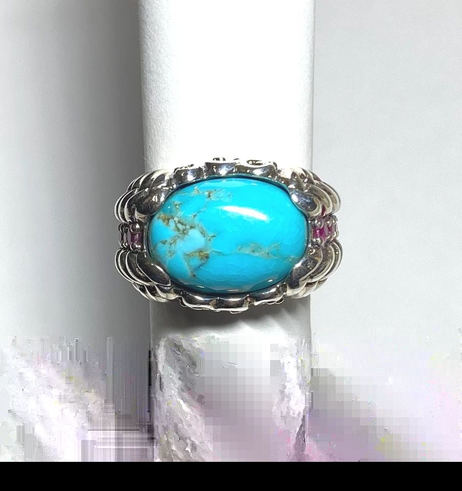 925 STERLING SILVER RING WITH TURQUOISE AND NATURAL RUBIES (SIZE 6.75) 10.5 GRAM (1 of 2)