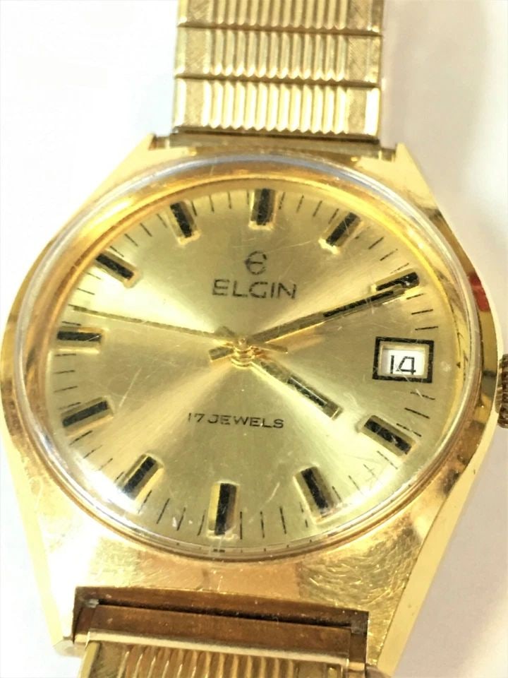 ELGIN 17 JEWELS WATCH YELLOW GOLD TONED WITH STRETCHY BAND 33MM CASE (1 of 2)