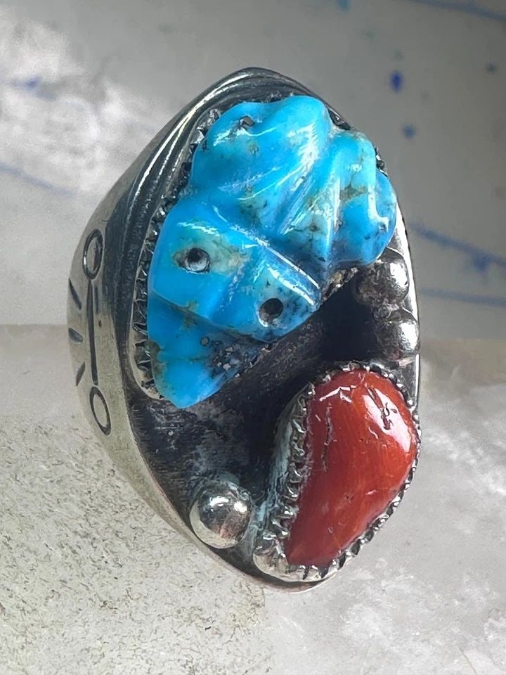 VINTAGE FROG RING TURQUOISE CORAL NAVAJO SIZE 10.50 STERLING SILVER WOMEN MEN (1 of 2)