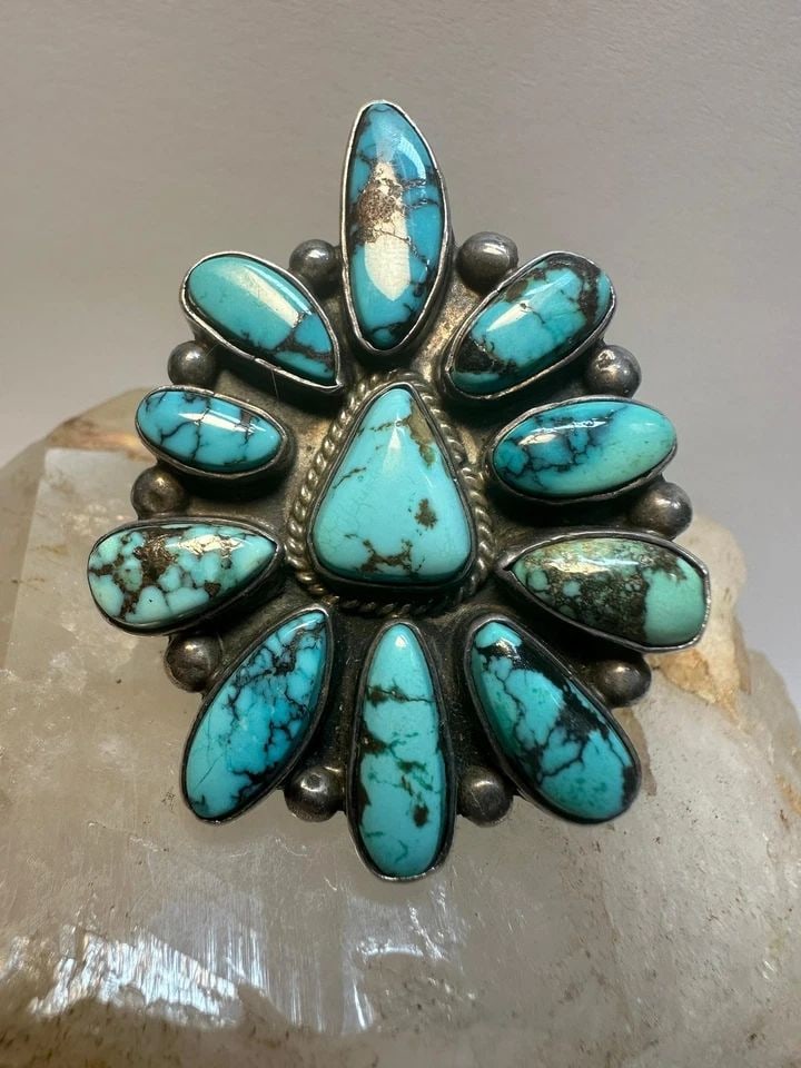 FRED GUERRO RING NAVAJO TURQUOISE HUGE FLOWER SIZE 7 STERLING SILVER WOMEN (1 of 1)