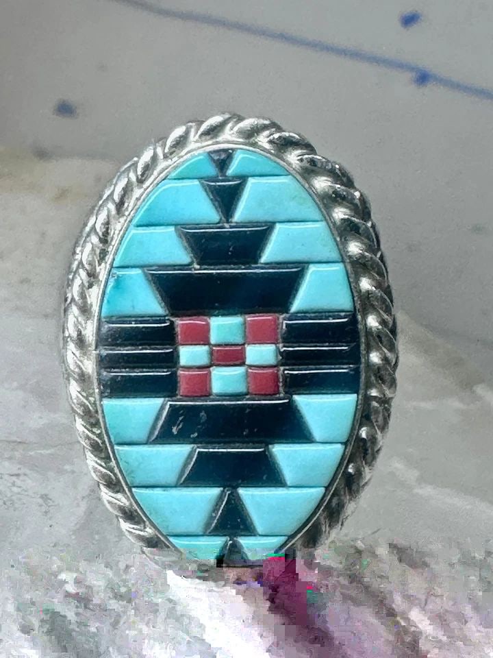 ZUNI RING TURQUOISE CORAL ONYX BAND SIZE 9.75 STERLING SILVER WOMEN MEN (1 of 1)