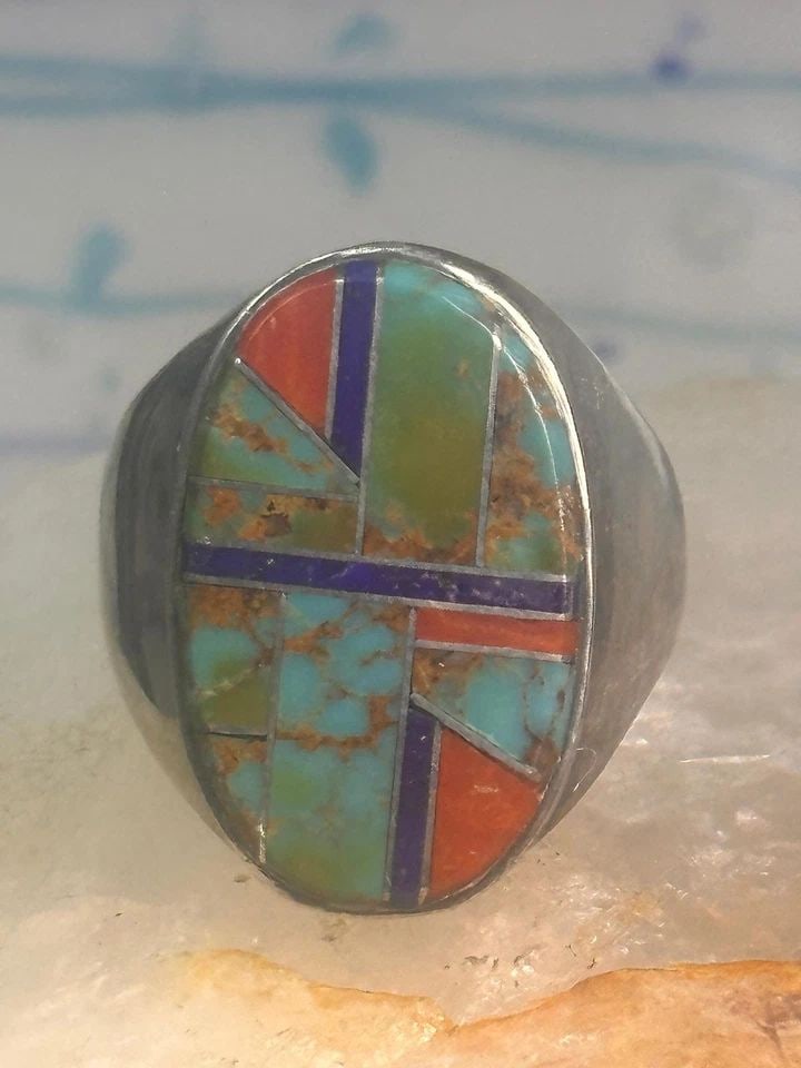 ZUNI RING TURQUOISE SPINY OYSTER LAPIS INLAY BAND SIZE 10 STERLING SILVER: ZUNI RING TURQUOISE SPINY OYSTER LAPIS INLAY BAND SIZE 10 STERLING SILVER Zuni ring Turquoise spiny oyster lapis inlay band size 10 sterling silver SIze 10 Weight 13.5g Length 7/8" Width 1/2" Thinnest