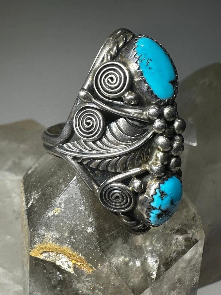NAVAJO RING TURQUOISE LEAVES SPIRALS FLORAL HEAVY BAND SIZE 11 STERLING SILVER W (1 of 1)