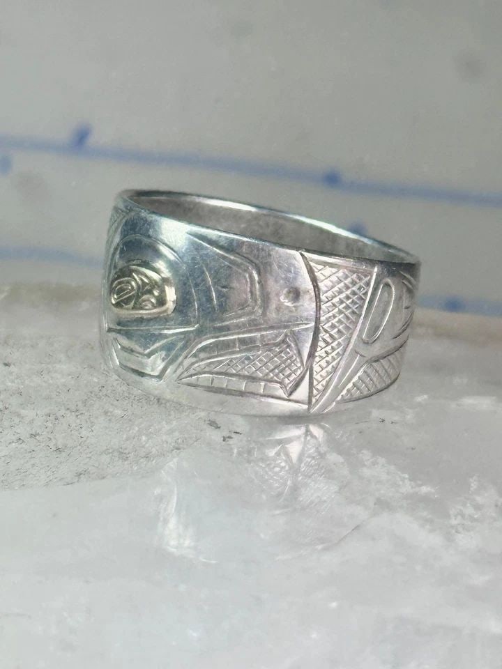 PACIFIC NORTHWEST RING BIRD THUNDERBIRD RAVEN BAND GOLD EYE 14K STERLING SILVER (1 of 1)