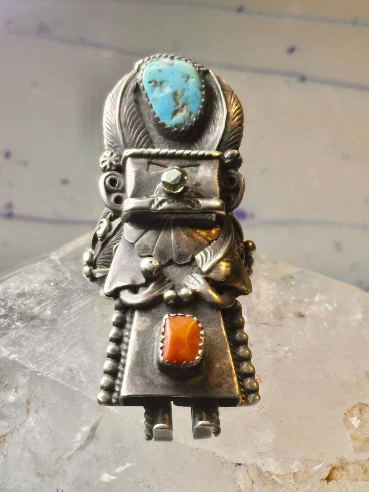 KACHINA RING NAVAJO TURQUOISE CORAL SIZE 10.2 COWGIRL STERLING SILVER WOMEN SIGN (1 of 2)