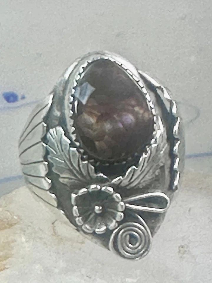 FIRE AGATE RING NAVAJO LEAVES SQUASH BLOSSOM BAND STERLING SILVER SIZE 12 WOMEN (1 of 1)