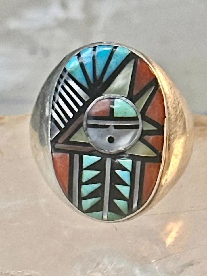 ZUNI RING ANGELINA LAAHTY SUN TURQUOISE CORAL MOP JET SIZE 11.75 STERLING SILVER (1 of 2)