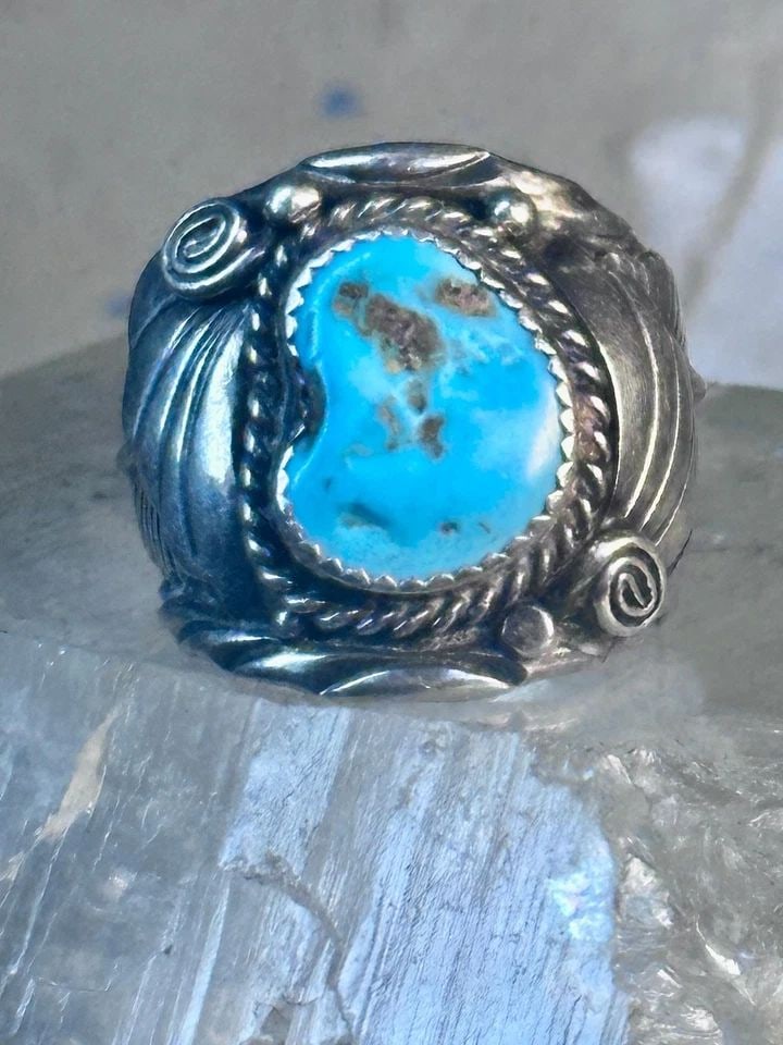 NAVAJO RING TURQUOISE LEAVES SIZE 10 STERLING SILVER WOMEN MEN (1 of 2)