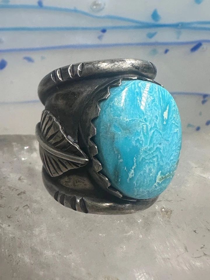 ZUNI RING TURQUOISE CIGAR BAND LEAF SIZE 9.75 STERLING SILVER WOMEN MEN (1 of 1)