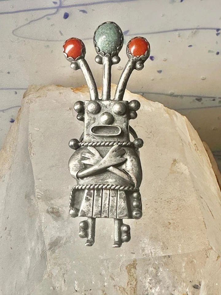 KACHINA RING SIZE 8.50 NAVAJO TURQUOISE CORAL BAND STERLING SILVER WOMEN (1 of 1)