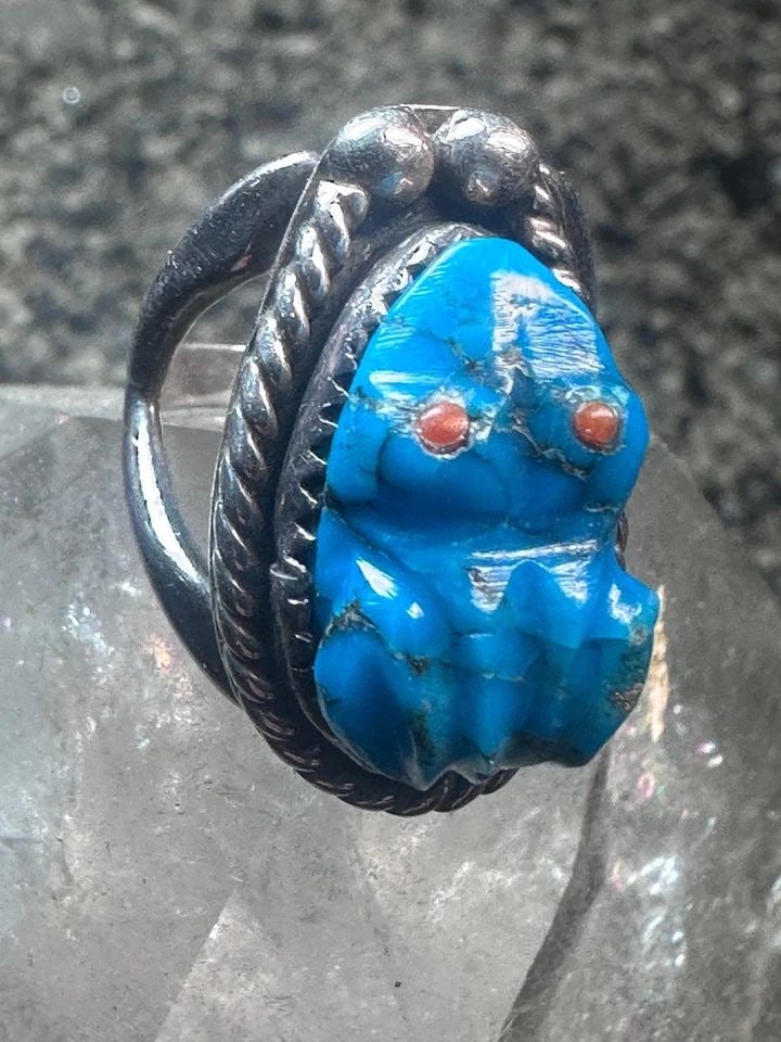 CARVED FROG RING CORAL INLAID EYES SIZE 5.75 PINKY STERLING SILVER WOMEN GIRLS (1 of 1)