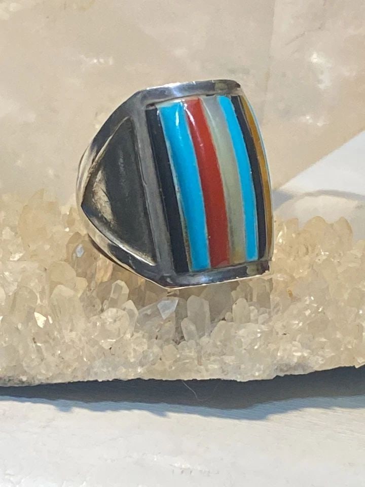 TURQUOISE RING SIZE 8.25 COBBLESTONE ONYX CORAL MOP SOUTHWEST STERLING SILVER WO (1 of 1)