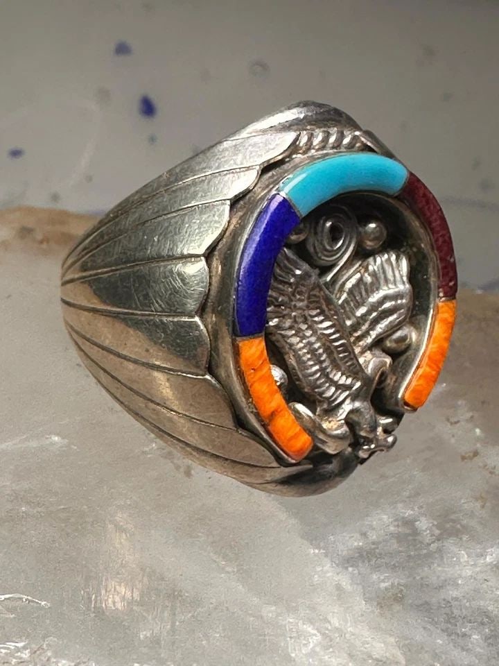 NAVAJO HORSESHOE RING EAGLE TURQUOISE BAND SIZE 11.7 BAND STERLING SILVER GOOD L: NAVAJO HORSESHOE RING EAGLE TURQUOISE BAND SIZE 11.7 BAND STERLING SILVER GOOD L Navajo Horseshoe ring Eagle Turquoise band size 11.7 band sterling silver Good Luck men Spiny Oyster, Blue Lapis and Tu