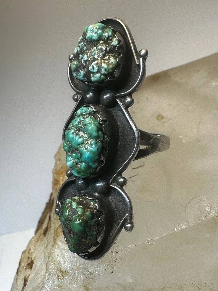 LONG TURQUOISE RING ROUGH CUT POLISHED SIZE 9.25 NAVAJO STERLING SILVER WOMEN (1 of 2)