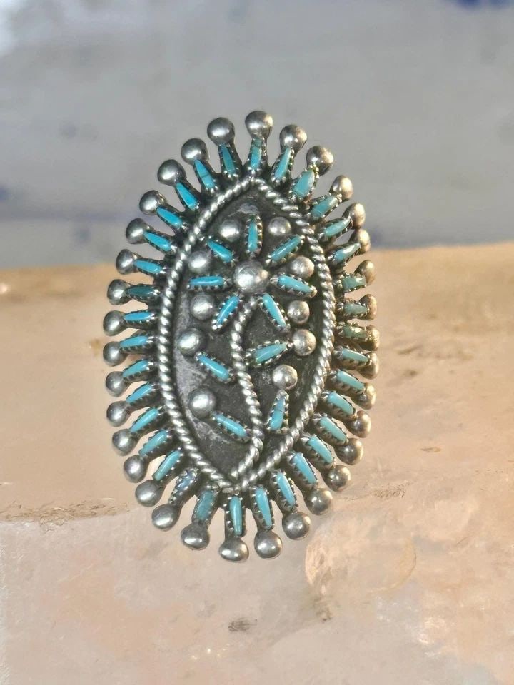 ZUNI RING LONG TURQUOISE FLOWER PETITE POINT RING SIZE 6.7 STERLING SILVER WOMEN (1 of 1)