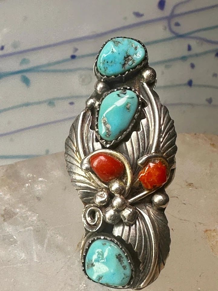 NAVAJO RING LONG TURQUOISE CORAL LEAVES SIZE 9 STERLING SILVER WOMEN (1 of 2)