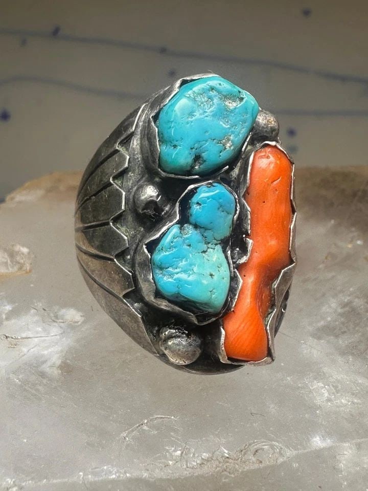 NAVAJO RING TURQUOISE CORAL BAND SIZE 9 STERLING SILVER WOMEN MEN (1 of 2)