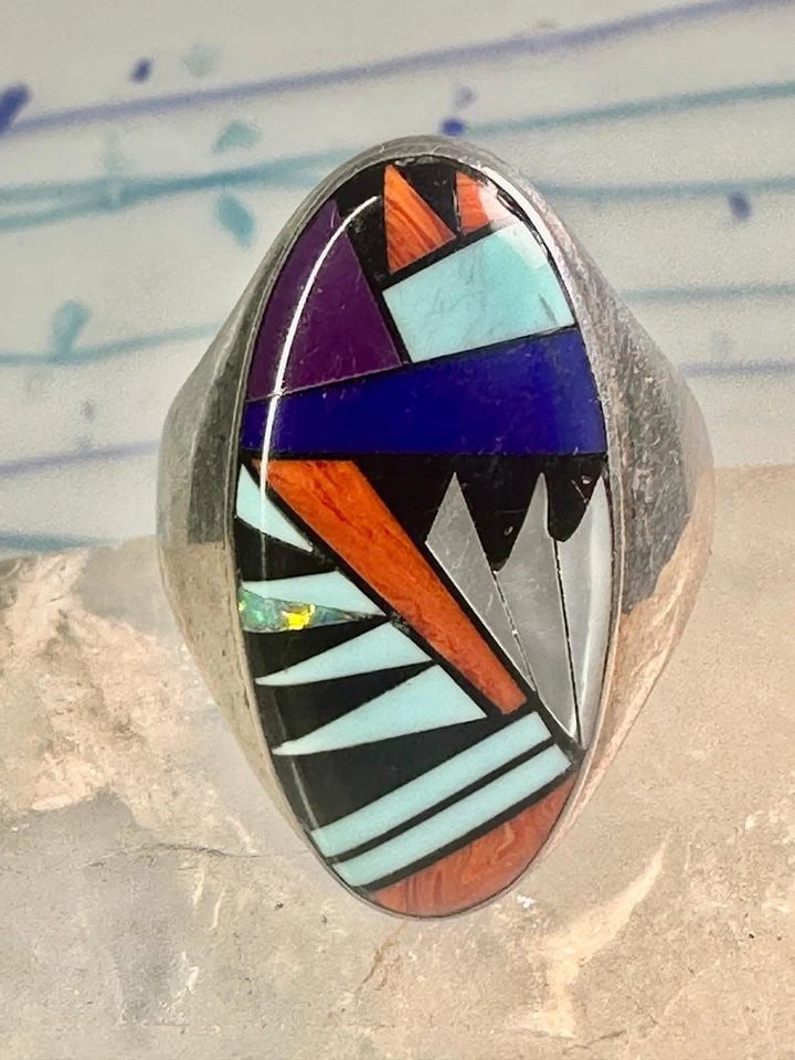 ZUNI RING TURQUOISE SPINY OYSTER OPAL ONYX BAND SIZE 9.50 STERLING SILVER WOMEN: ZUNI RING TURQUOISE SPINY OYSTER OPAL ONYX BAND SIZE 9.50 STERLING SILVER WOMEN Zuni ring Turquoise spiny oyster opal onyx band size 9.50 sterling silver women men Size 9.50 Weight. 18.6g Length 1 1/8