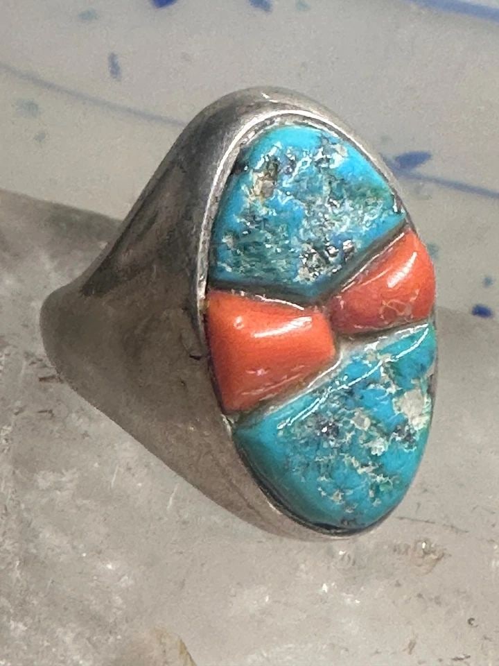 NAVAJO RING TURQUOISE CORAL NATURAL COBBLESTONE SIZE 12 STERLING SILVER WOMEN ME (1 of 2)