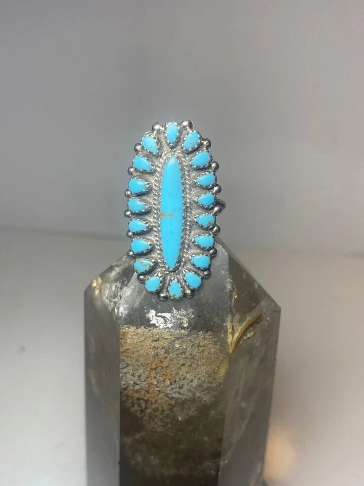 TURQUOISE RING SIZE 7.25 ZUNI LONG PETITE POINT SOUTHWEST STERLING SILVER WOMEN (1 of 2)