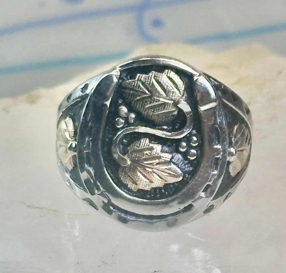 BLACK HILLS GOLD RING HORSESHOE GOOD LUCK SIZE 10 STERLING SILVER WOMEN MEN: BLACK HILLS GOLD RING HORSESHOE GOOD LUCK SIZE 10 STERLING SILVER WOMEN MEN Black Hills Gold ring Horseshoe Good Luck size 10 sterling silver women men Size 10 Weight. 8.9g Length 3/4" Width 1/2" Thin