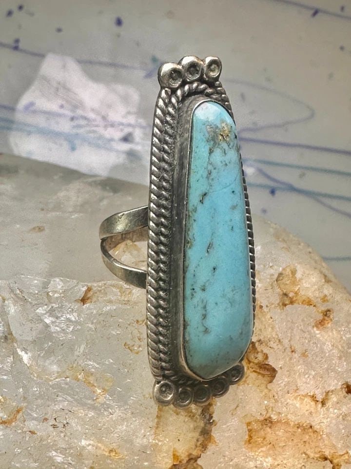 LONG NAVAJO RING TURQUOISE ROPE DESIGN BAND SIZE 7.5 STERLING SILVER WOMEN (1 of 2)