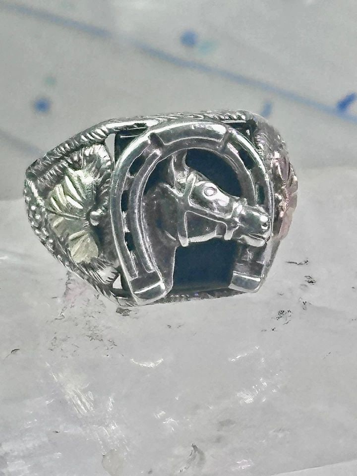 BLACK HILLS GOLD RING HORSE HORSESHOE GOOD LUCK ONYX BAND SIZE 10 COWBOY STERLIN: BLACK HILLS GOLD RING HORSE HORSESHOE GOOD LUCK ONYX BAND SIZE 10 COWBOY STERLIN Black Hills Gold Ring horse horseshoe good luck onyx band size 10 cowboy sterling silver women men 12K over sterling si